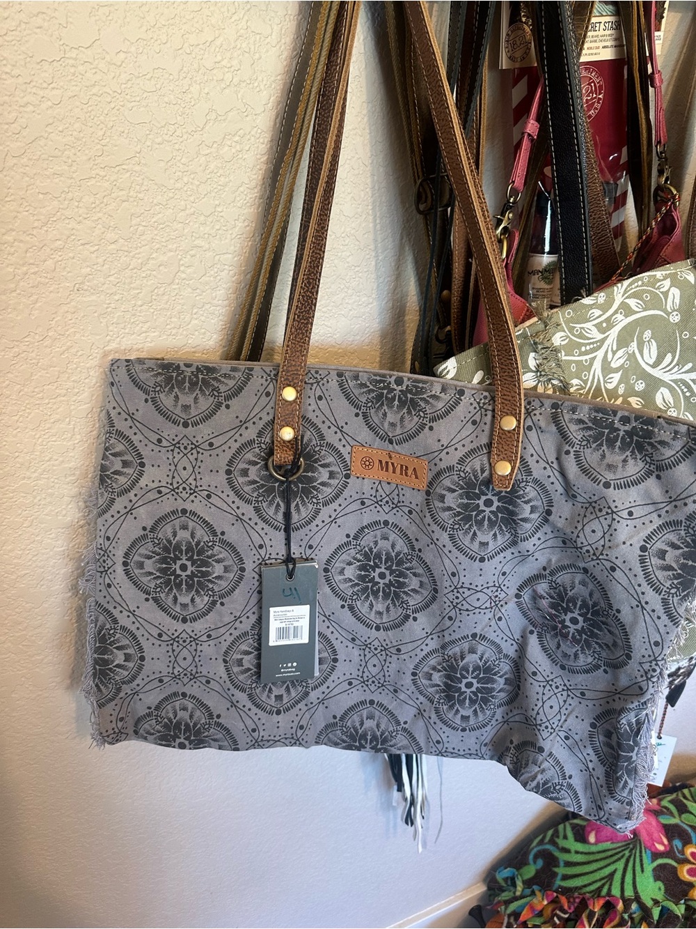 Myra Bag Gray Patterned Tote with Brown Leather Handles